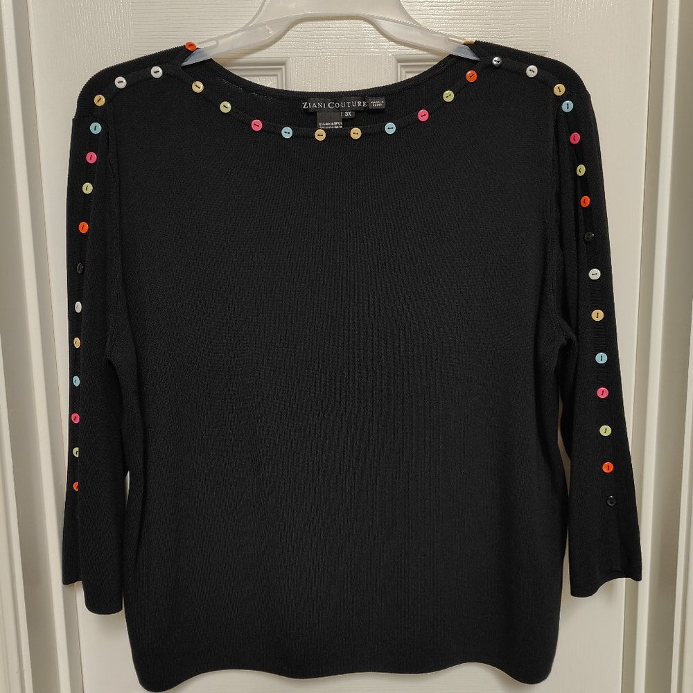 Ziani Couture Women's Black Top With Multi Color Buttons 3/4 Sleeves Plus Size3x